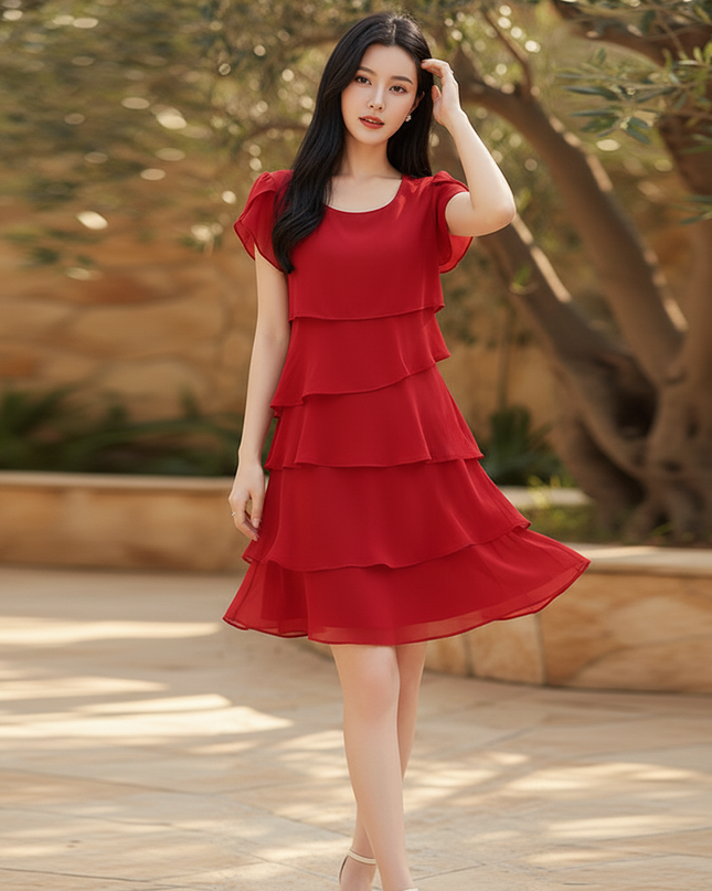 Rotes Partykleid mit Stufenruschen Mini - Ansicht 3