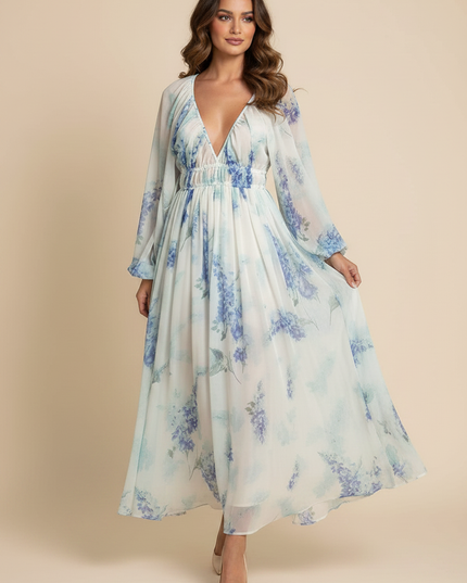 Elegantes Chiffonkleid Midi Hellblau - Ansicht 3