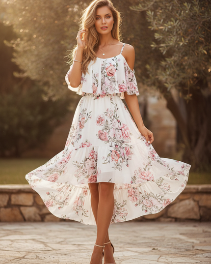 Weisses Chiffonkleid mit Volant - Ansicht 1