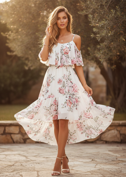 Weisses Chiffonkleid mit Volant - Ansicht 1