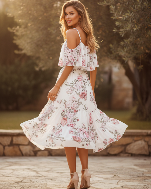 Weisses Chiffonkleid mit Volant - Ansicht 2