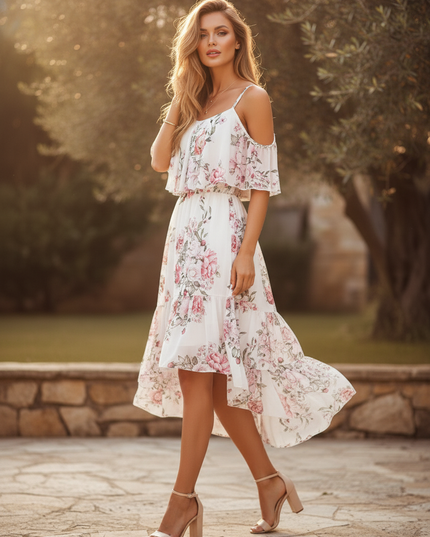 Weisses Chiffonkleid mit Volant - Ansicht 3
