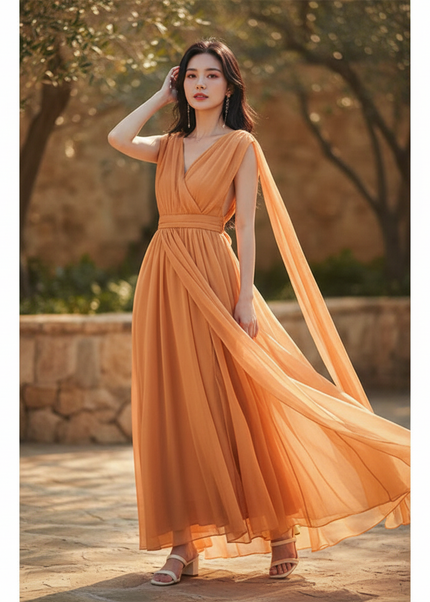 Chiffonkleid Orange Rueckenfrei Maxi - Ansicht 1