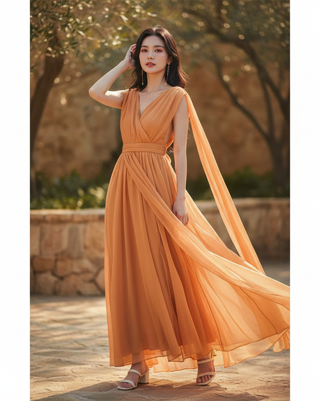 Chiffonkleid Orange Rueckenfrei Maxi - Ansicht 1