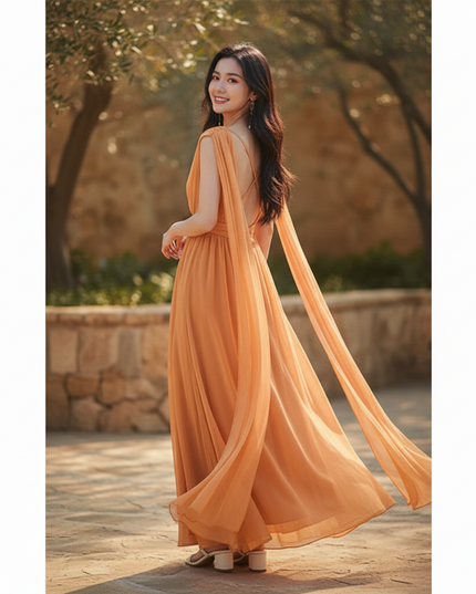 Chiffonkleid Orange Rueckenfrei Maxi - Ansicht 2