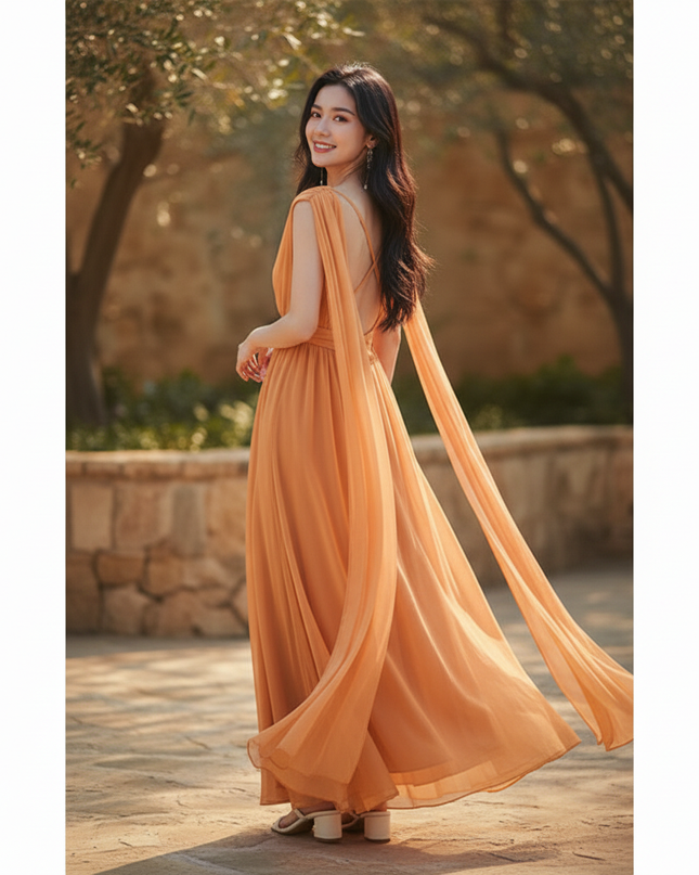 Chiffonkleid Orange Rueckenfrei Maxi - Ansicht 2