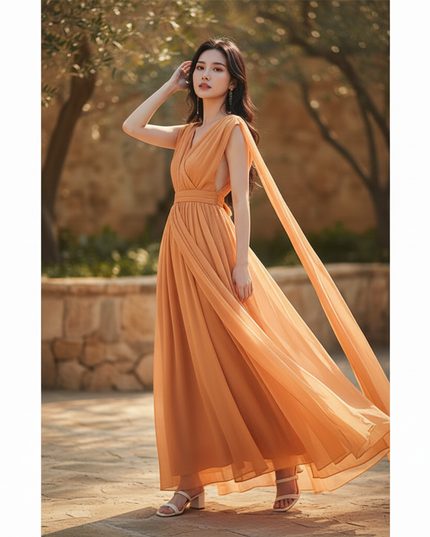 Chiffonkleid Orange Rueckenfrei Maxi - Ansicht 3