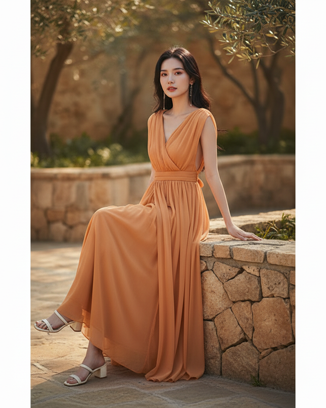 Chiffonkleid Orange Rueckenfrei Maxi - Ansicht 5