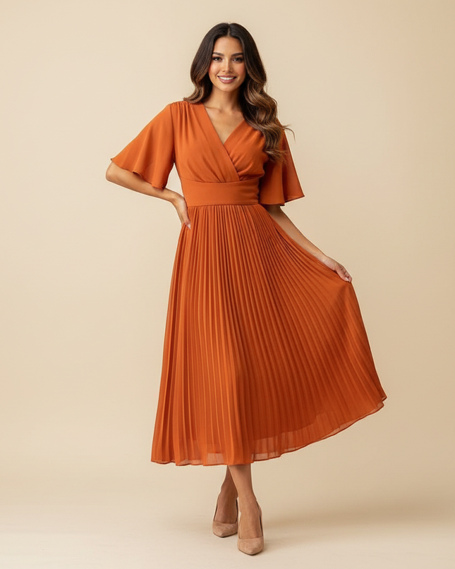 Oranges Chiffonkleid Midi mit Plissee - Ansicht 1