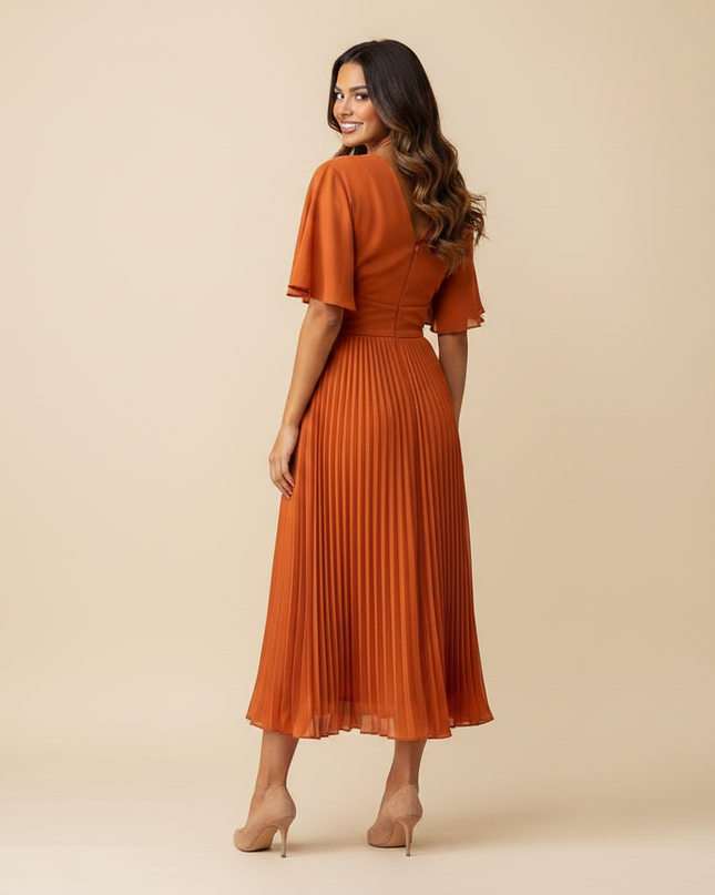 Oranges Chiffonkleid Midi mit Plissee - Ansicht 2