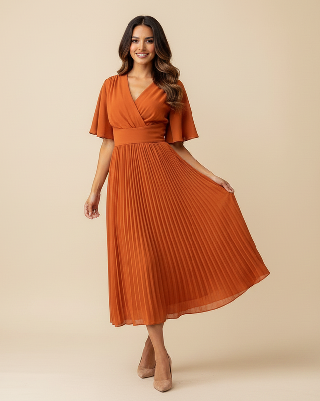 Oranges Chiffonkleid Midi mit Plissee - Ansicht 3