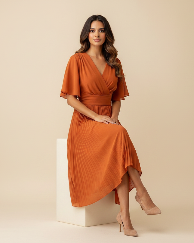 Oranges Chiffonkleid Midi mit Plissee - Ansicht 5