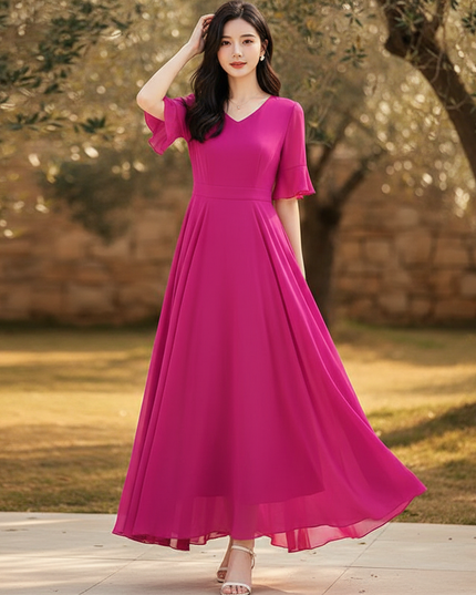 Pinkes langes Kleid mit V-Ausschnitt - Ansicht 1
