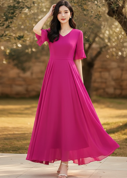 Pinkes langes Kleid mit V-Ausschnitt - Ansicht 1