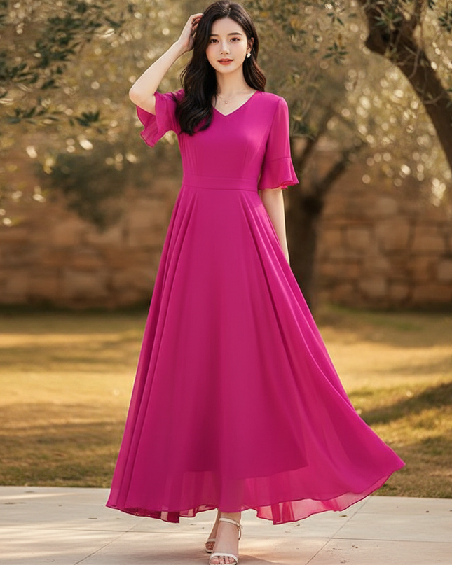 Pinkes langes Kleid mit V-Ausschnitt - Ansicht 1