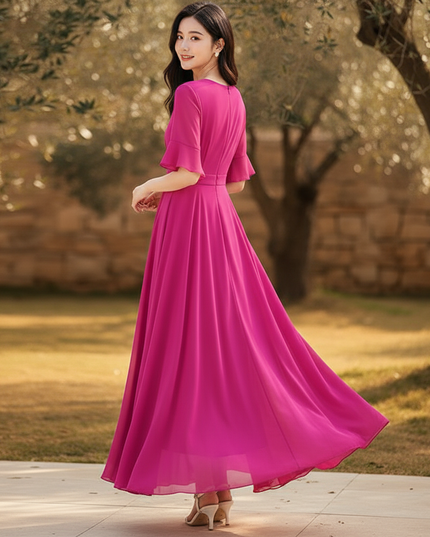 Pinkes langes Kleid mit V-Ausschnitt - Ansicht 2