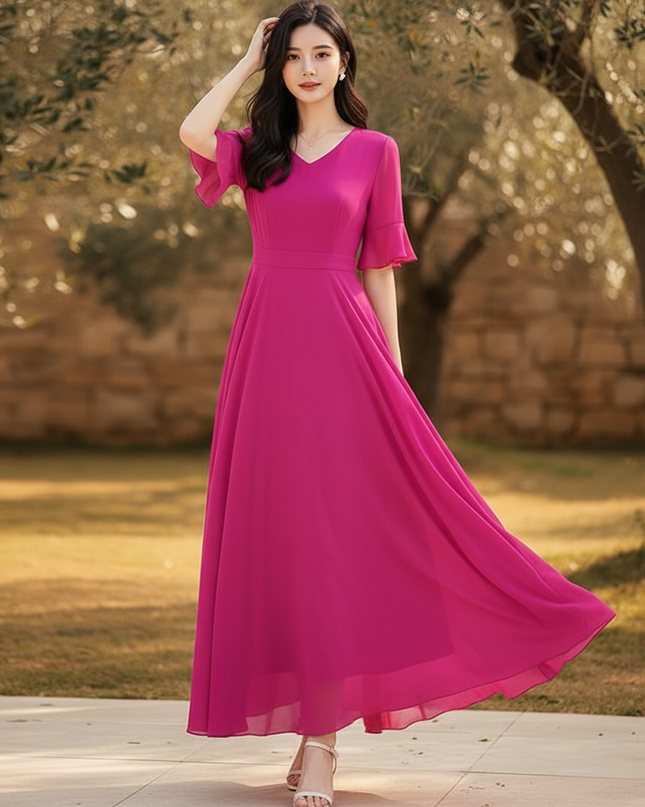 Pinkes langes Kleid mit V-Ausschnitt - Ansicht 3