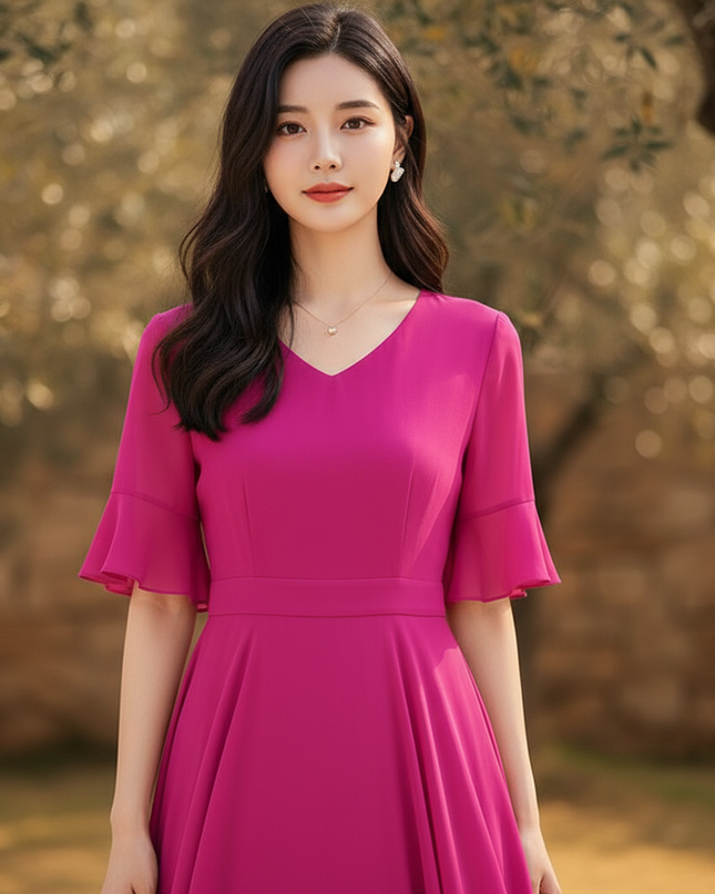Pinkes langes Kleid mit V-Ausschnitt - Ansicht 4