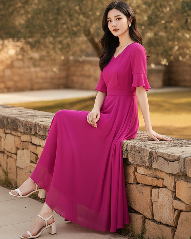 Pinkes langes Kleid mit V-Ausschnitt - Ansicht 5