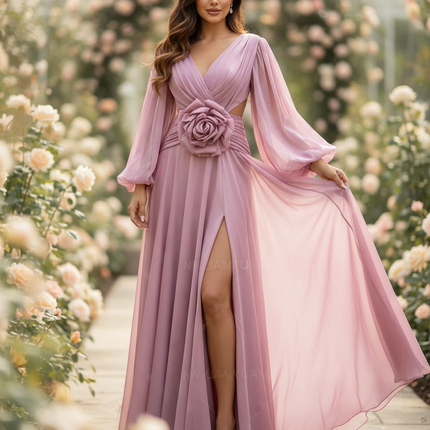 Rosa Chiffonkleid mit 3D-Blumendetails - Ansicht 1