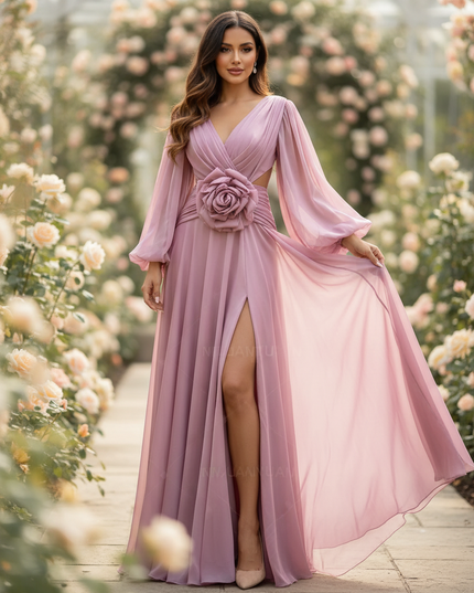 Rosa Chiffonkleid mit 3D-Blumendetails - Ansicht 1