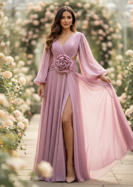 Rosa Chiffonkleid mit 3D-Blumendetails - Ansicht 1