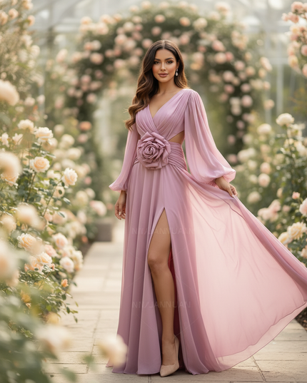 Rosa Chiffonkleid mit 3D-Blumendetails - Ansicht 3