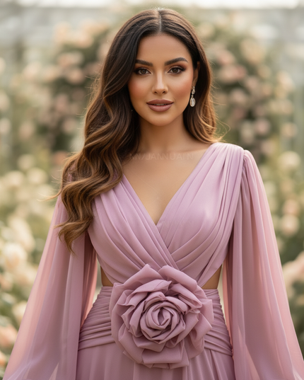 Rosa Chiffonkleid mit 3D-Blumendetails - Ansicht 4