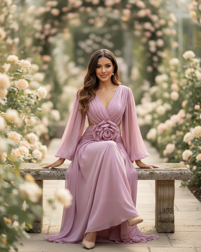 Rosa Chiffonkleid mit 3D-Blumendetails - Ansicht 5