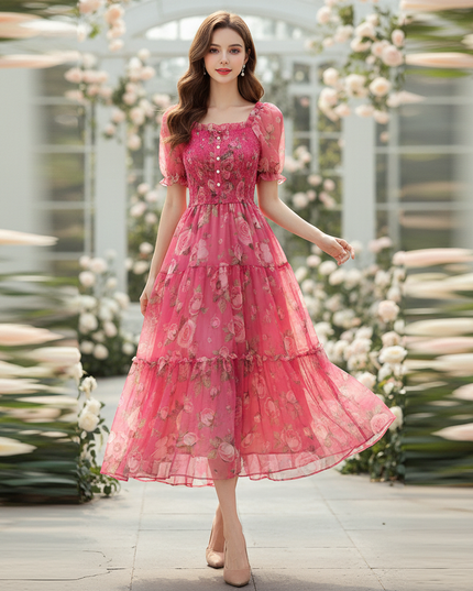 Pinkes Chiffonkleid mit Blumenmuster - Ansicht 1
