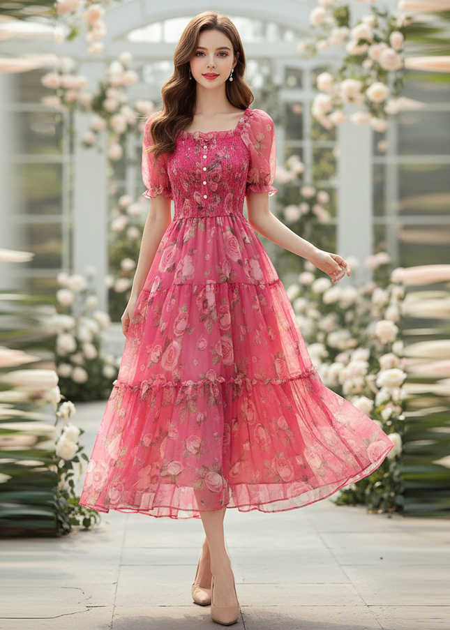Pinkes Chiffonkleid mit Blumenmuster - Ansicht 1