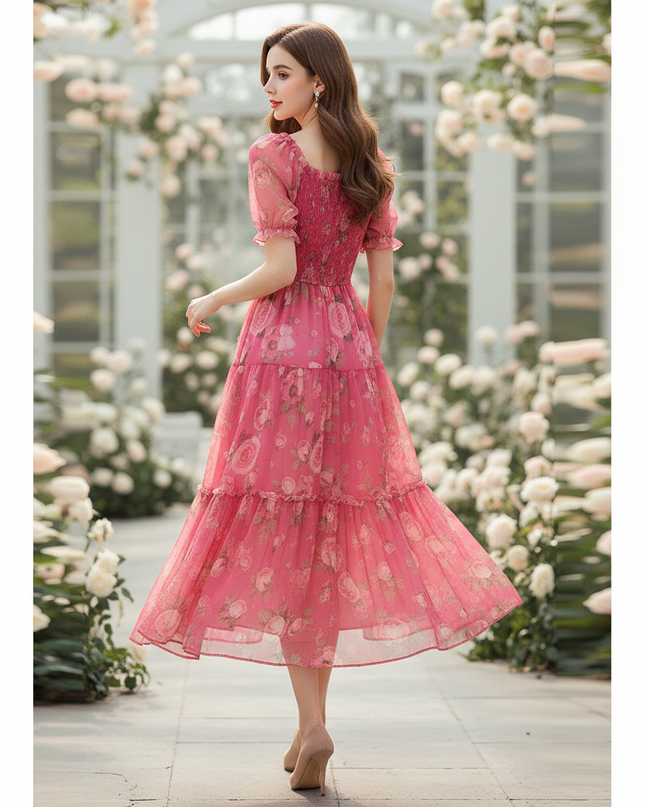 Pinkes Chiffonkleid mit Blumenmuster - Ansicht 2