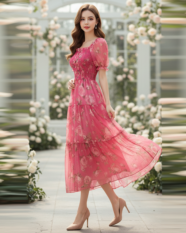 Pinkes Chiffonkleid mit Blumenmuster - Ansicht 3