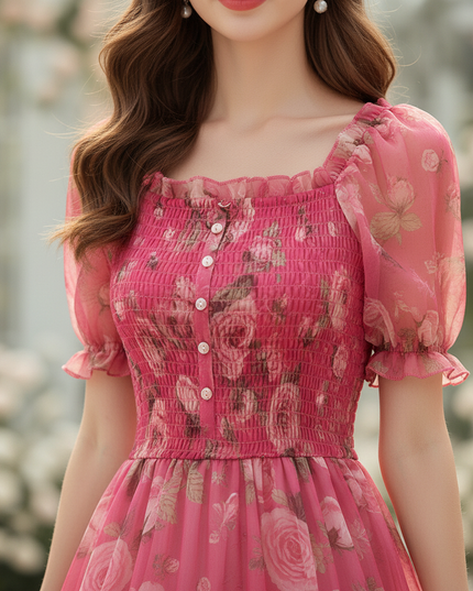 Pinkes Chiffonkleid mit Blumenmuster - Ansicht 4