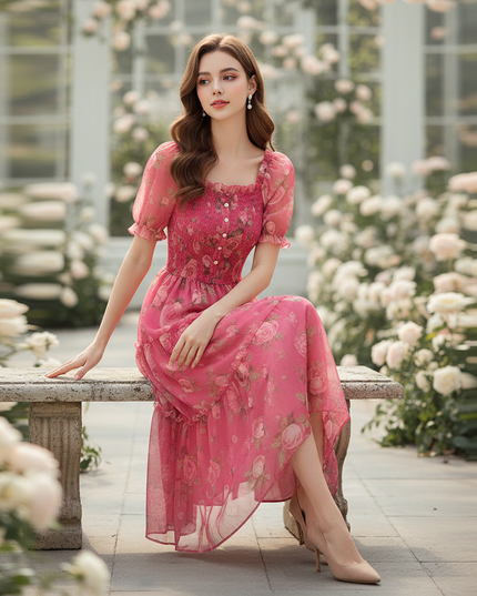 Pinkes Chiffonkleid mit Blumenmuster - Ansicht 5