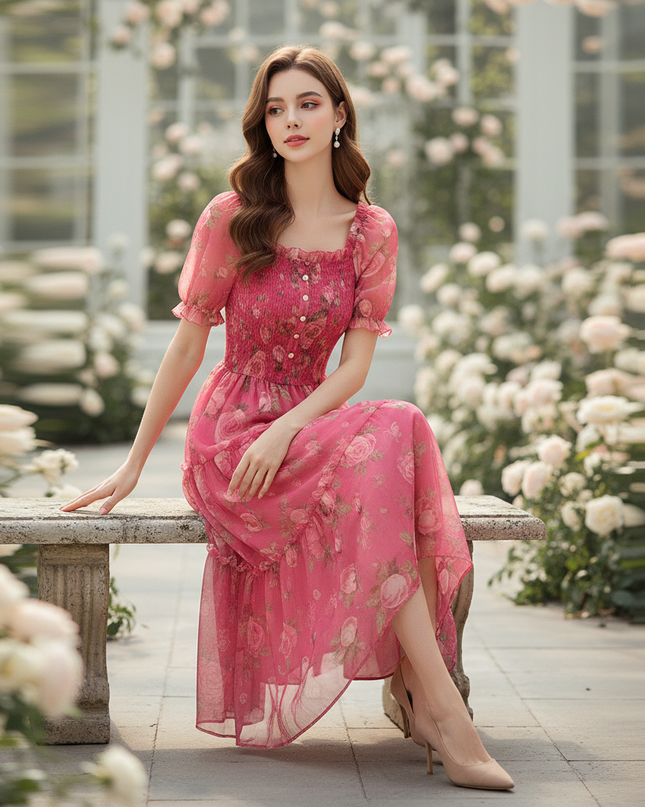 Pinkes Chiffonkleid mit Blumenmuster - Ansicht 5