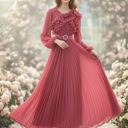Rosa Chiffonkleid mit Blumenapplikation - Ansicht 1