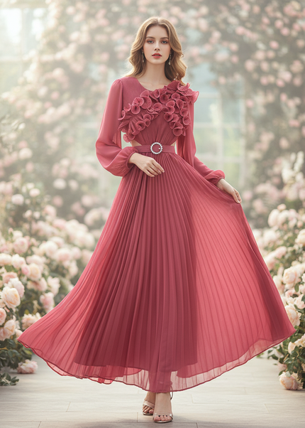 Rosa Chiffonkleid mit Blumenapplikation - Ansicht 1