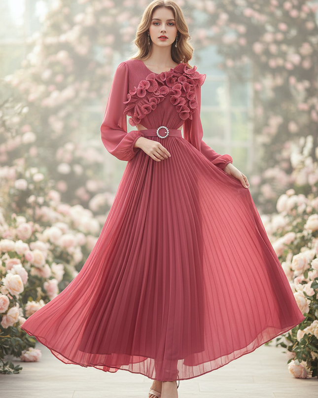 Rosa Chiffonkleid mit Blumenapplikation - Ansicht 1