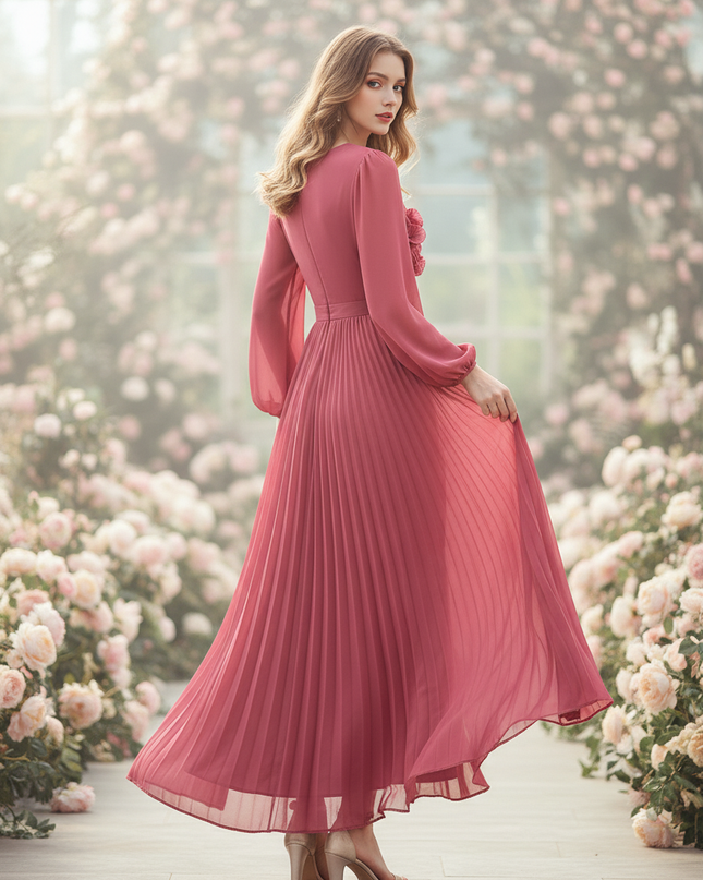 Rosa Chiffonkleid mit Blumenapplikation - Ansicht 2