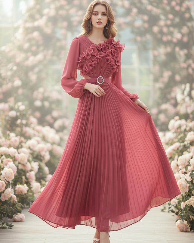 Rosa Chiffonkleid mit Blumenapplikation - Ansicht 3