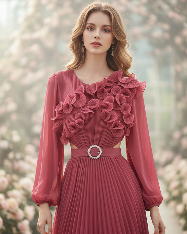 Rosa Chiffonkleid mit Blumenapplikation - Ansicht 4