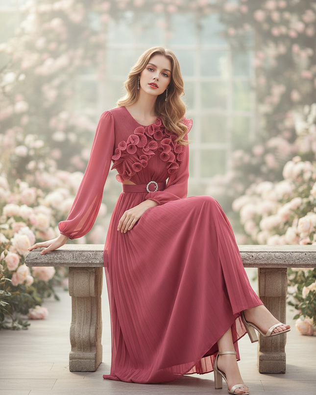 Rosa Chiffonkleid mit Blumenapplikation - Ansicht 5