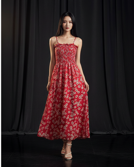 Rotes bodenlanges Kleid mit Blumenprint - Ansicht 1