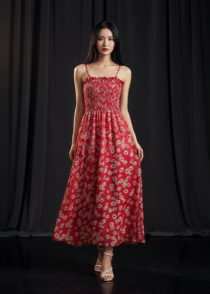 Rotes bodenlanges Kleid mit Blumenprint - Ansicht 1