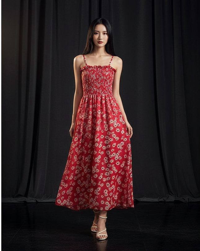 Rotes bodenlanges Kleid mit Blumenprint - Ansicht 1