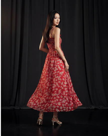 Rotes bodenlanges Kleid mit Blumenprint - Ansicht 2