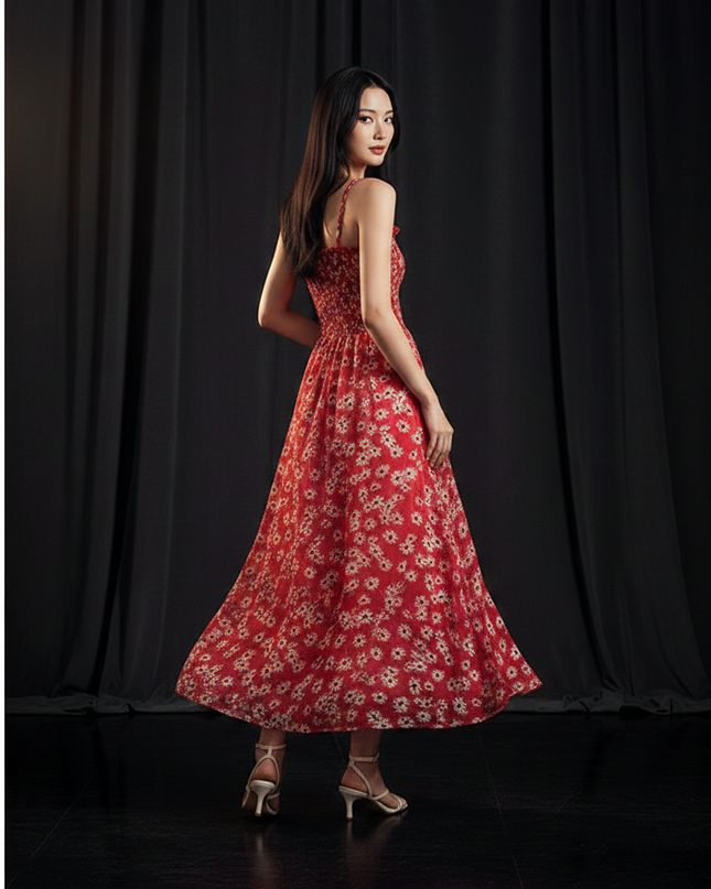 Rotes bodenlanges Kleid mit Blumenprint - Ansicht 2