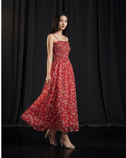 Rotes bodenlanges Kleid mit Blumenprint - Ansicht 3