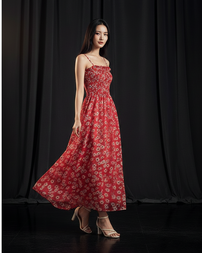Rotes bodenlanges Kleid mit Blumenprint - Ansicht 3